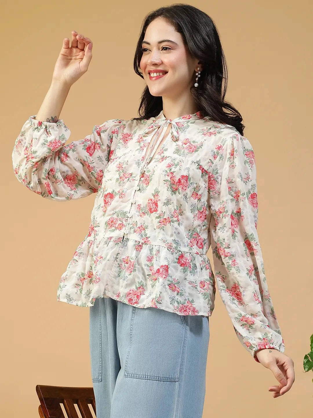 Fresh Multicolor Floral Print Key Hole Neck With Tie-Up Detail Long Sleeve Women Peplum Top