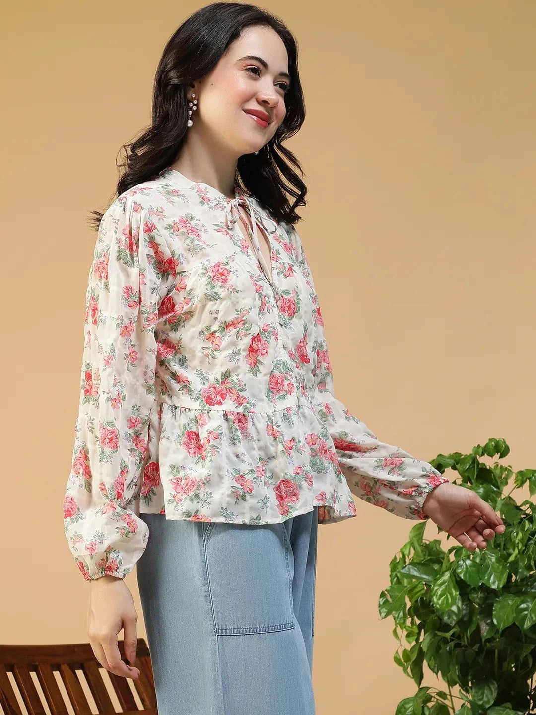 Fresh Multicolor Floral Print Key Hole Neck With Tie-Up Detail Long Sleeve Women Peplum Top