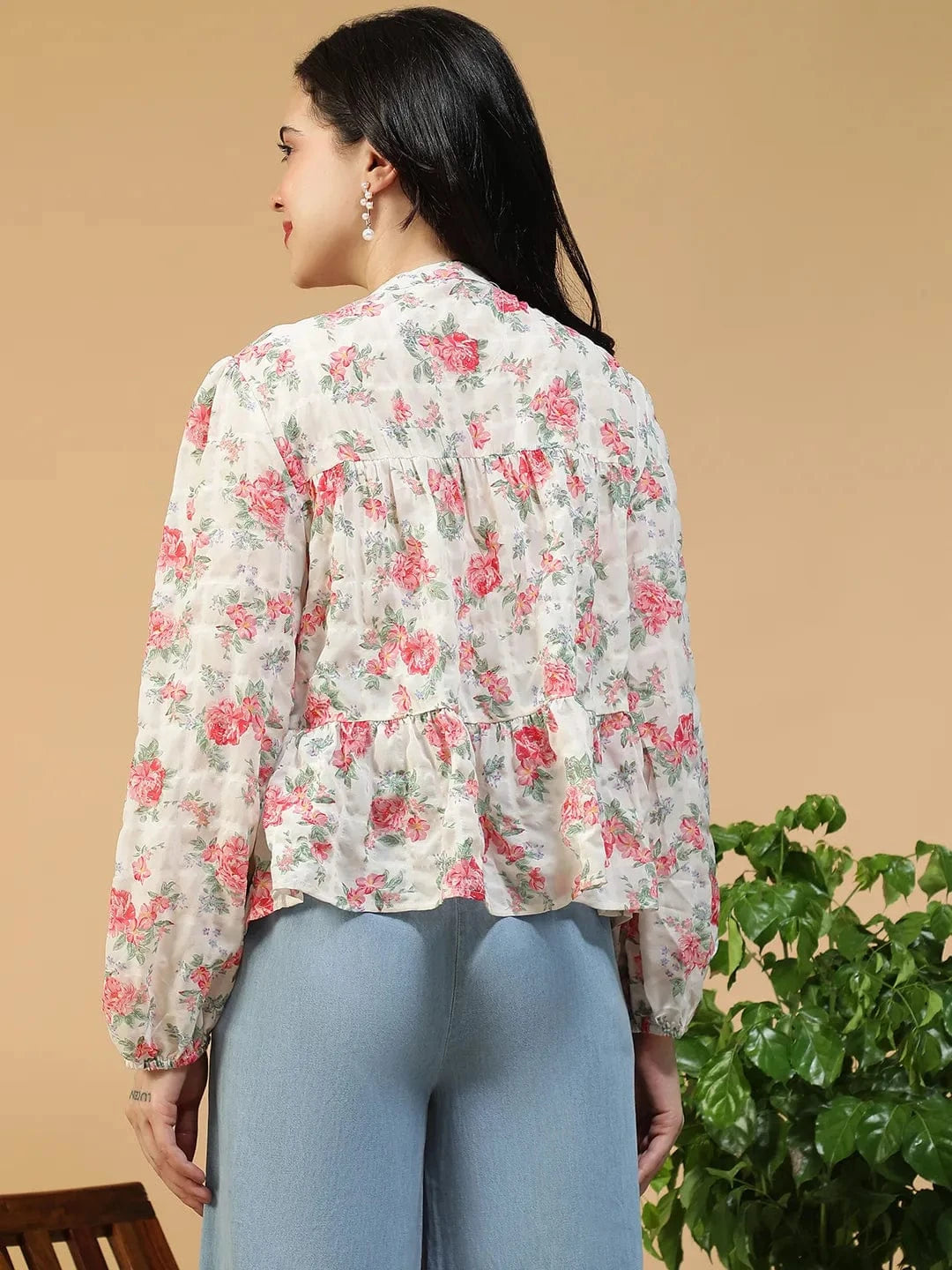 Fresh Multicolor Floral Print Key Hole Neck With Tie-Up Detail Long Sleeve Women Peplum Top