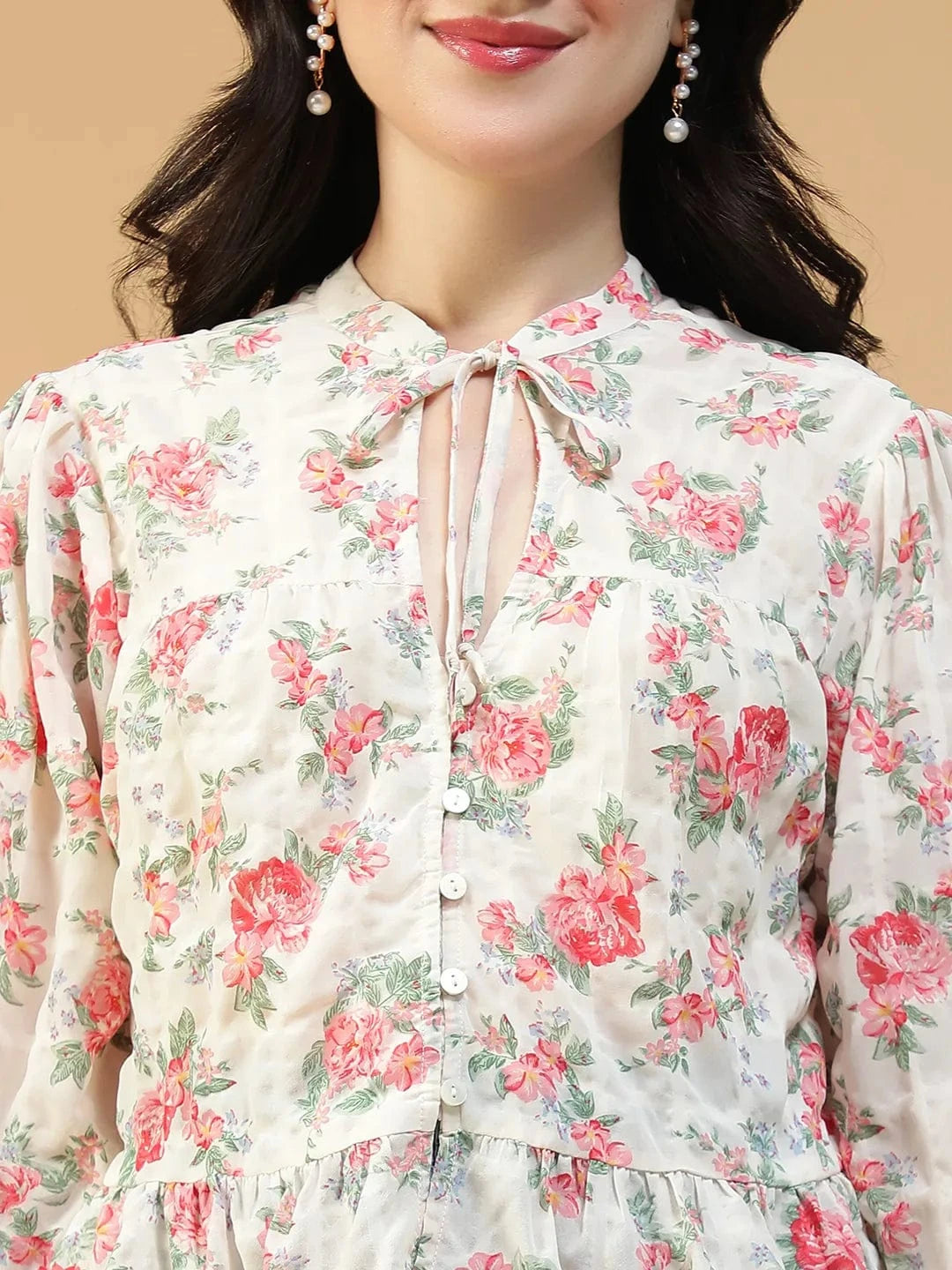 Fresh Multicolor Floral Print Key Hole Neck With Tie-Up Detail Long Sleeve Women Peplum Top