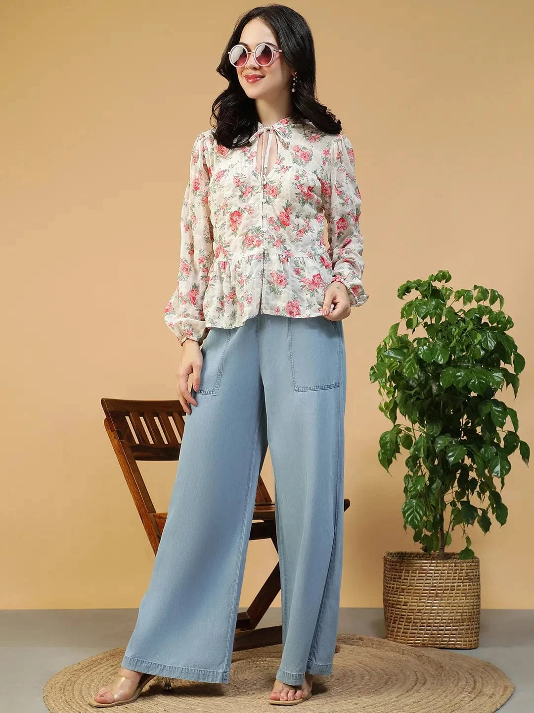 Fresh Multicolor Floral Print Key Hole Neck With Tie-Up Detail Long Sleeve Women Peplum Top