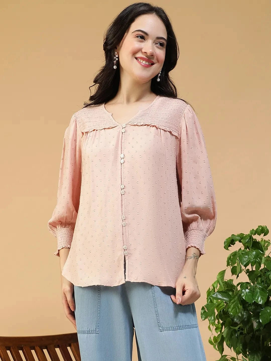 Smashing Solid Peach Button Down Ruffle & Smocked Detail Long Sleeve Women Top