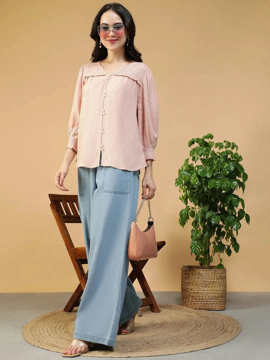 Smashing Solid Peach Button Down Ruffle & Smocked Detail Long Sleeve Women Top