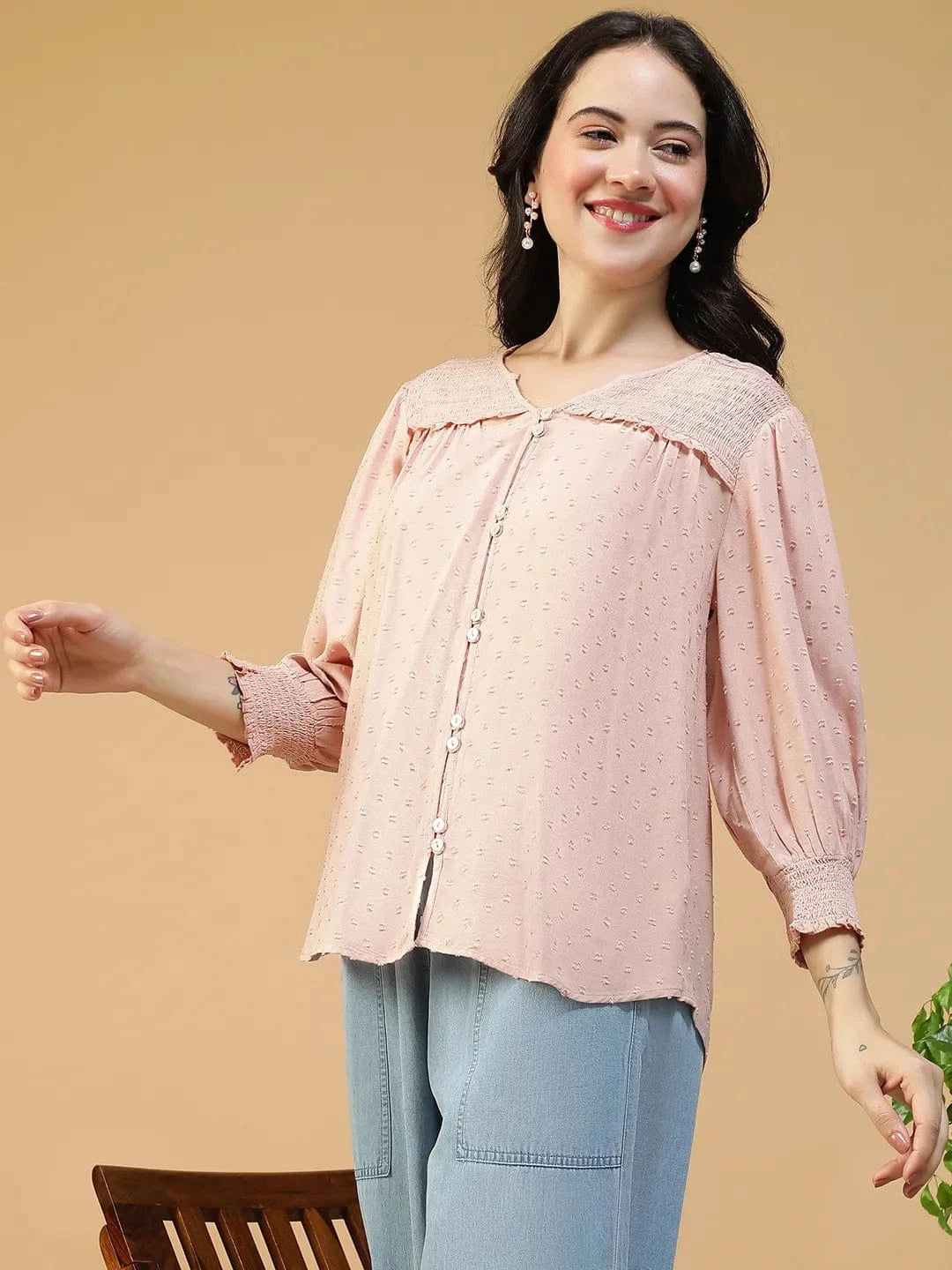 Smashing Solid Peach Button Down Ruffle & Smocked Detail Long Sleeve Women Top