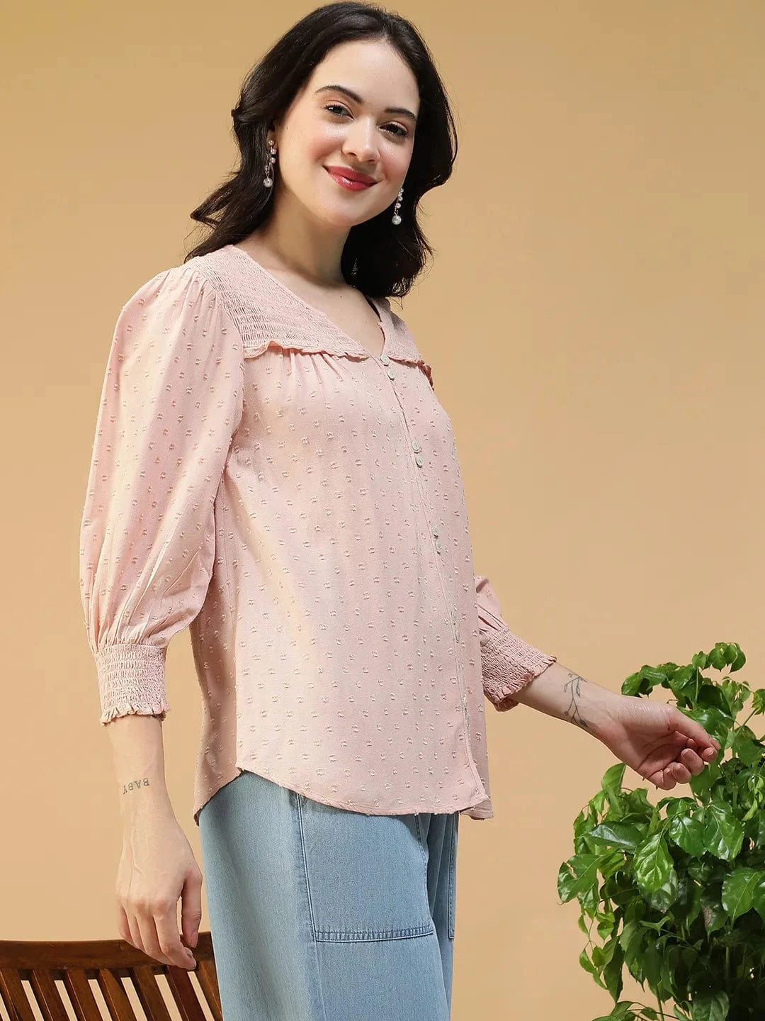 Smashing Solid Peach Button Down Ruffle & Smocked Detail Long Sleeve Women Top
