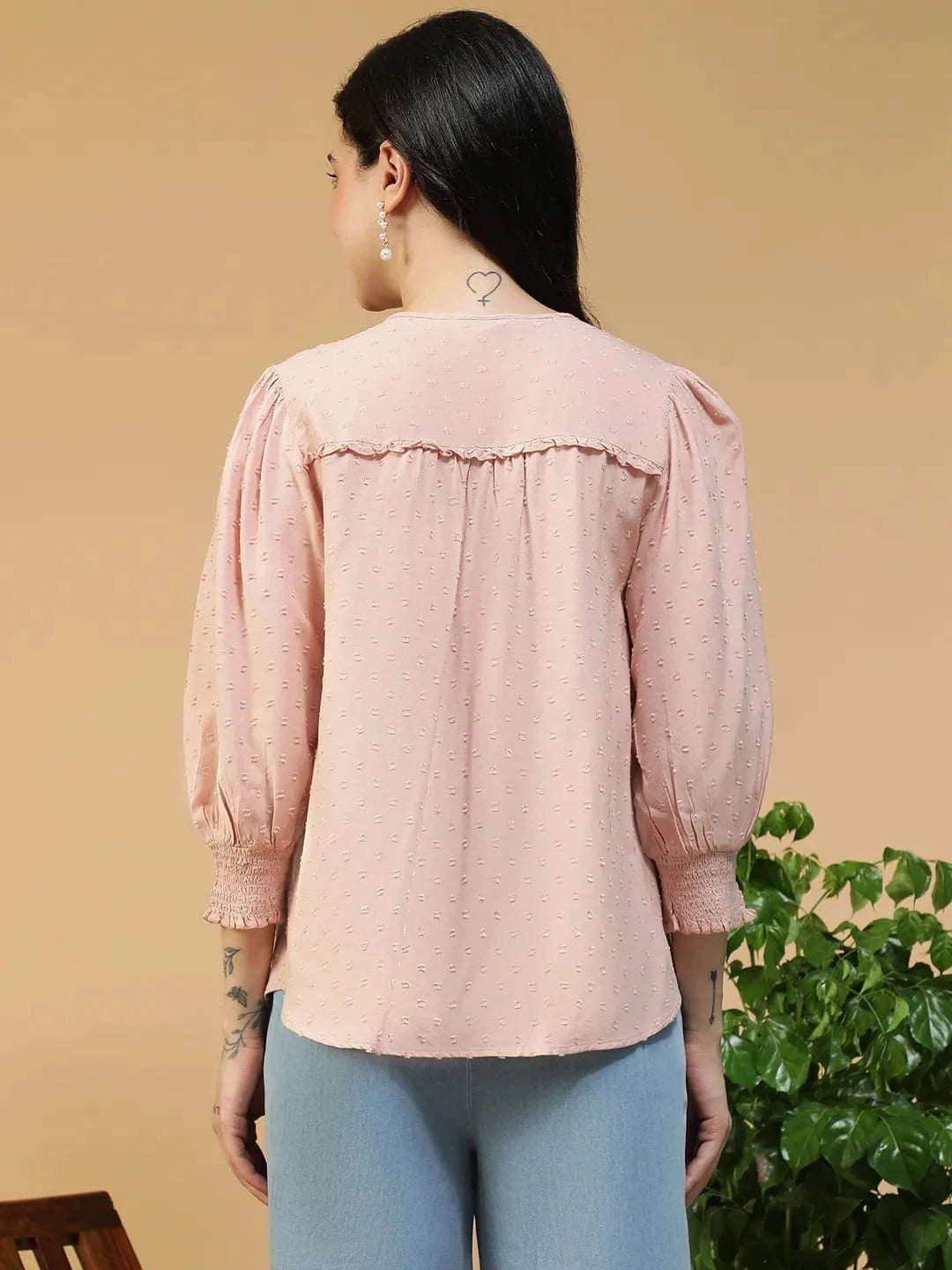 Smashing Solid Peach Button Down Ruffle & Smocked Detail Long Sleeve Women Top