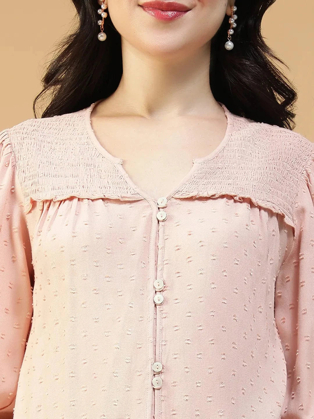 Smashing Solid Peach Button Down Ruffle & Smocked Detail Long Sleeve Women Top