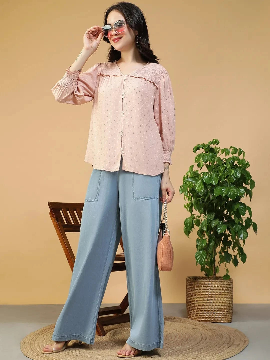 Smashing Solid Peach Button Down Ruffle & Smocked Detail Long Sleeve Women Top