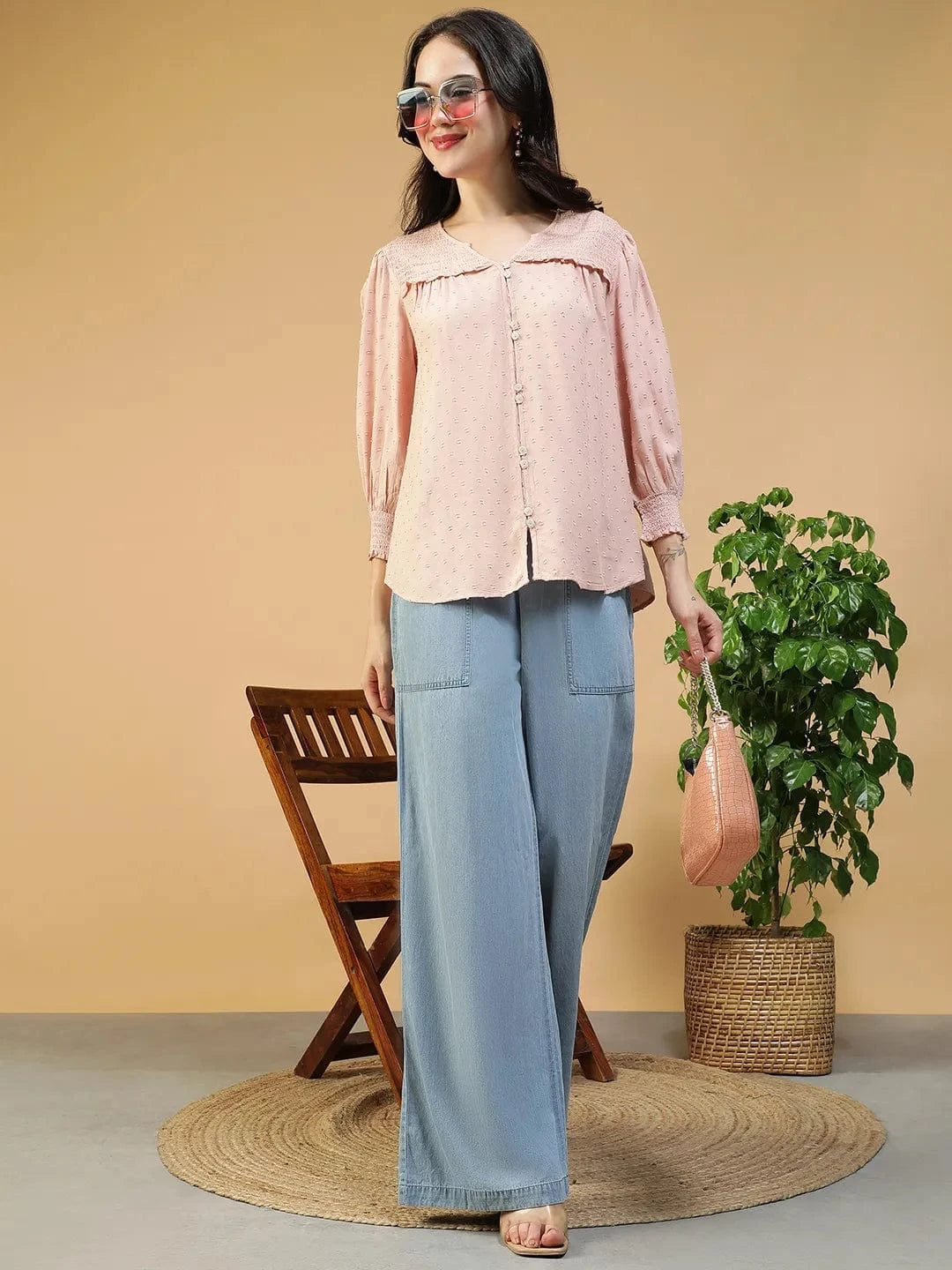 Smashing Solid Peach Button Down Ruffle & Smocked Detail Long Sleeve Women Top