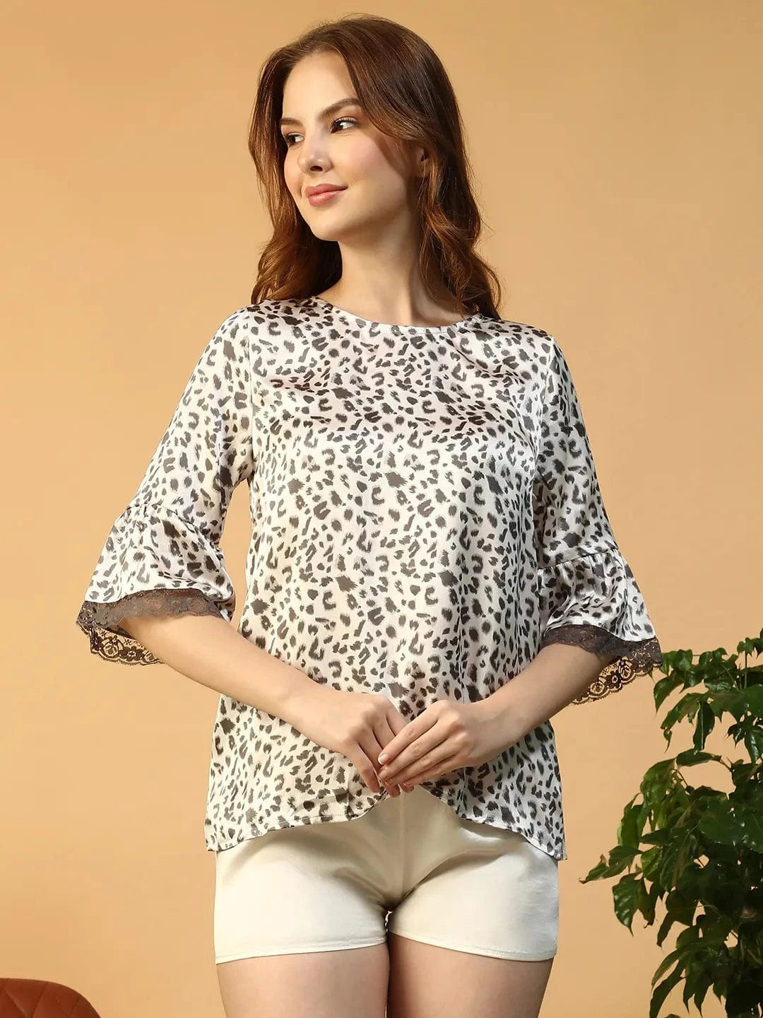 Grey Animal Print Lace Detail Women Nightwear Top