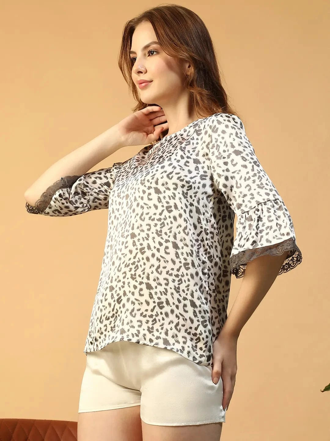 Grey Animal Print Lace Detail Women Nightwear Top