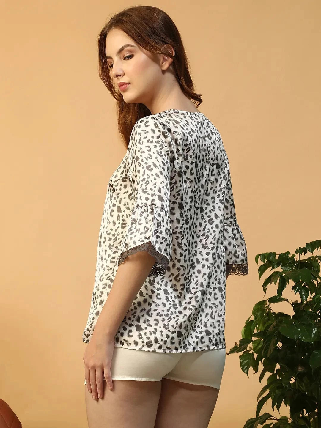 Grey Animal Print Lace Detail Women Nightwear Top