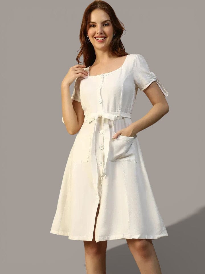 Women White Cotton Linen Dress