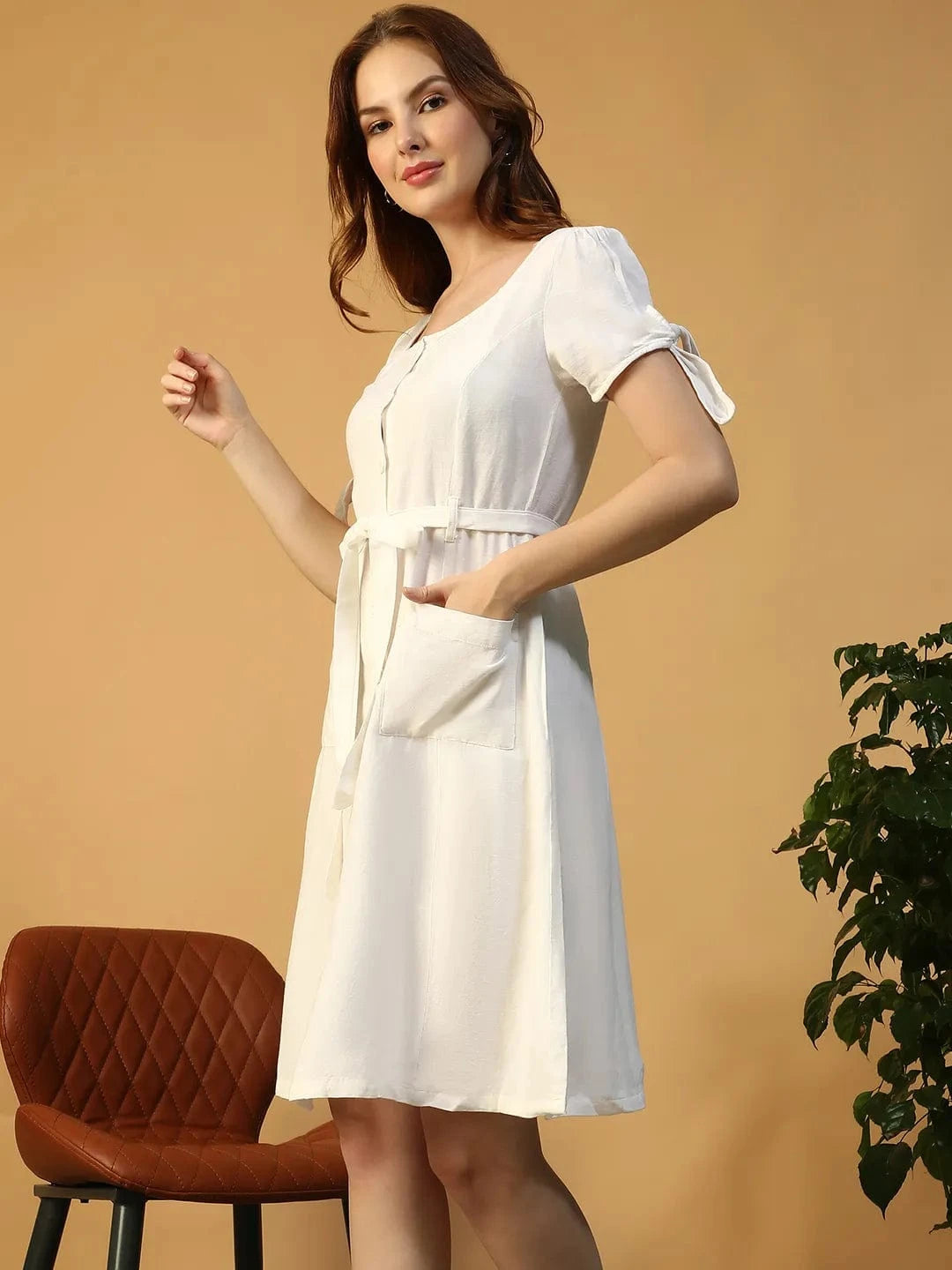 Women White Cotton Linen Dress