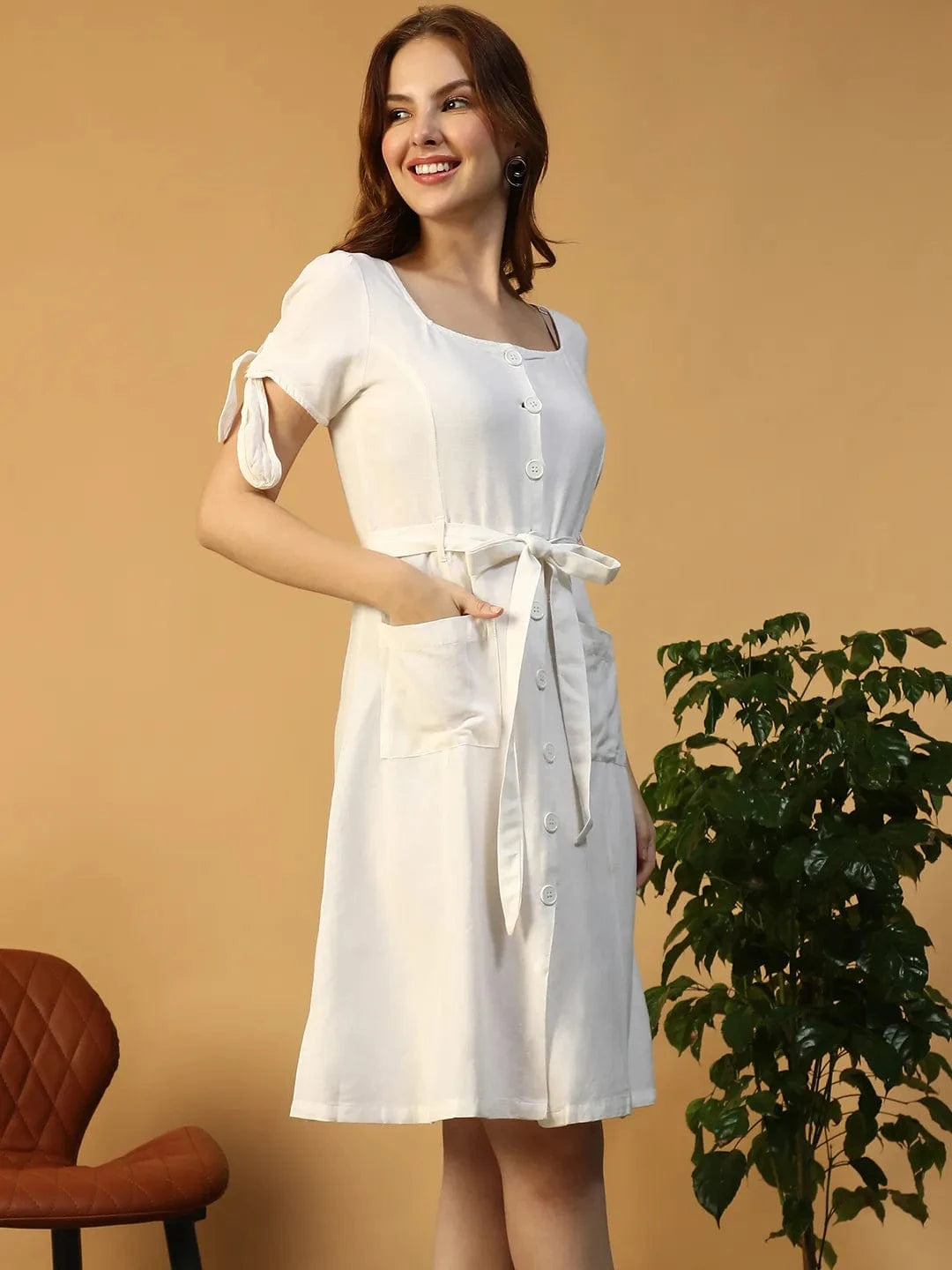 Women White Cotton Linen Dress