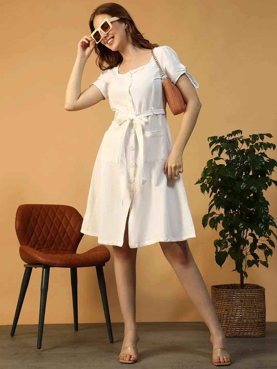 Women White Cotton Linen Dress