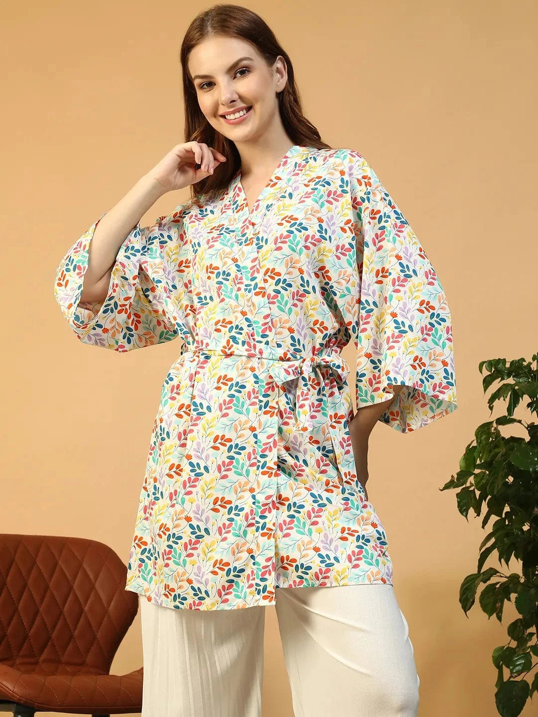Multicolor Floral Print V-Neck Long Sleeve Tie-Up Detail Women Nightwear Shrug
