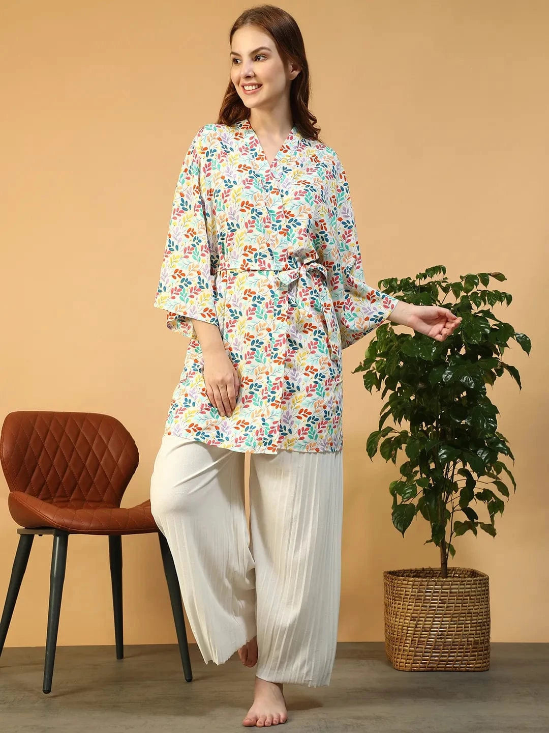 Multicolor Floral Print V-Neck Long Sleeve Tie-Up Detail Women Nightwear Shrug