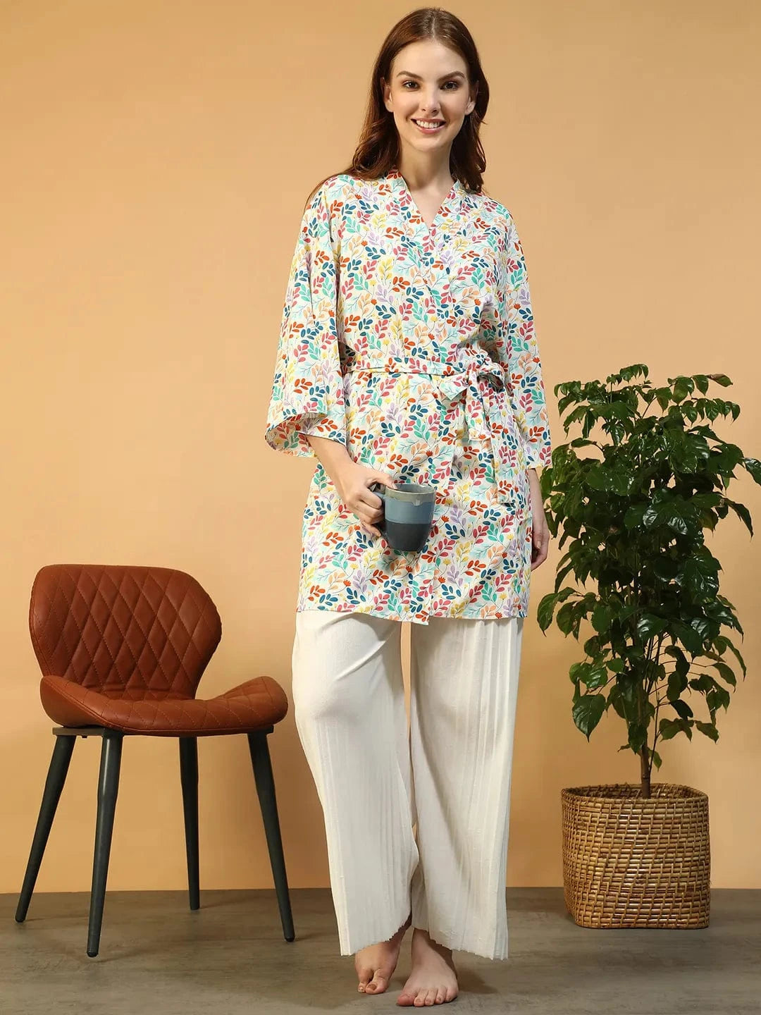 Multicolor Floral Print V-Neck Long Sleeve Tie-Up Detail Women Nightwear Shrug