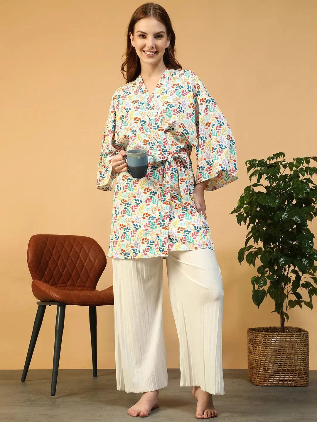 Multicolor Floral Print V-Neck Long Sleeve Tie-Up Detail Women Nightwear Shrug