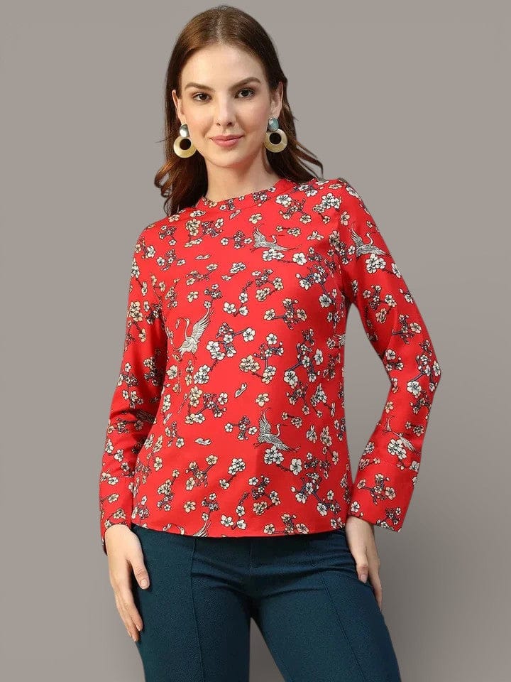 Red Floral Women Top - Long Sleeve Round Neck Printed Blouse For Casual Wear