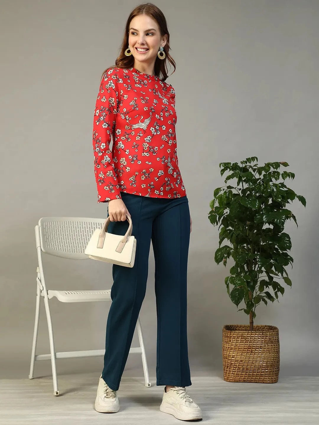 Rose Red Floral Print Round Neck Long Sleeve Women Top