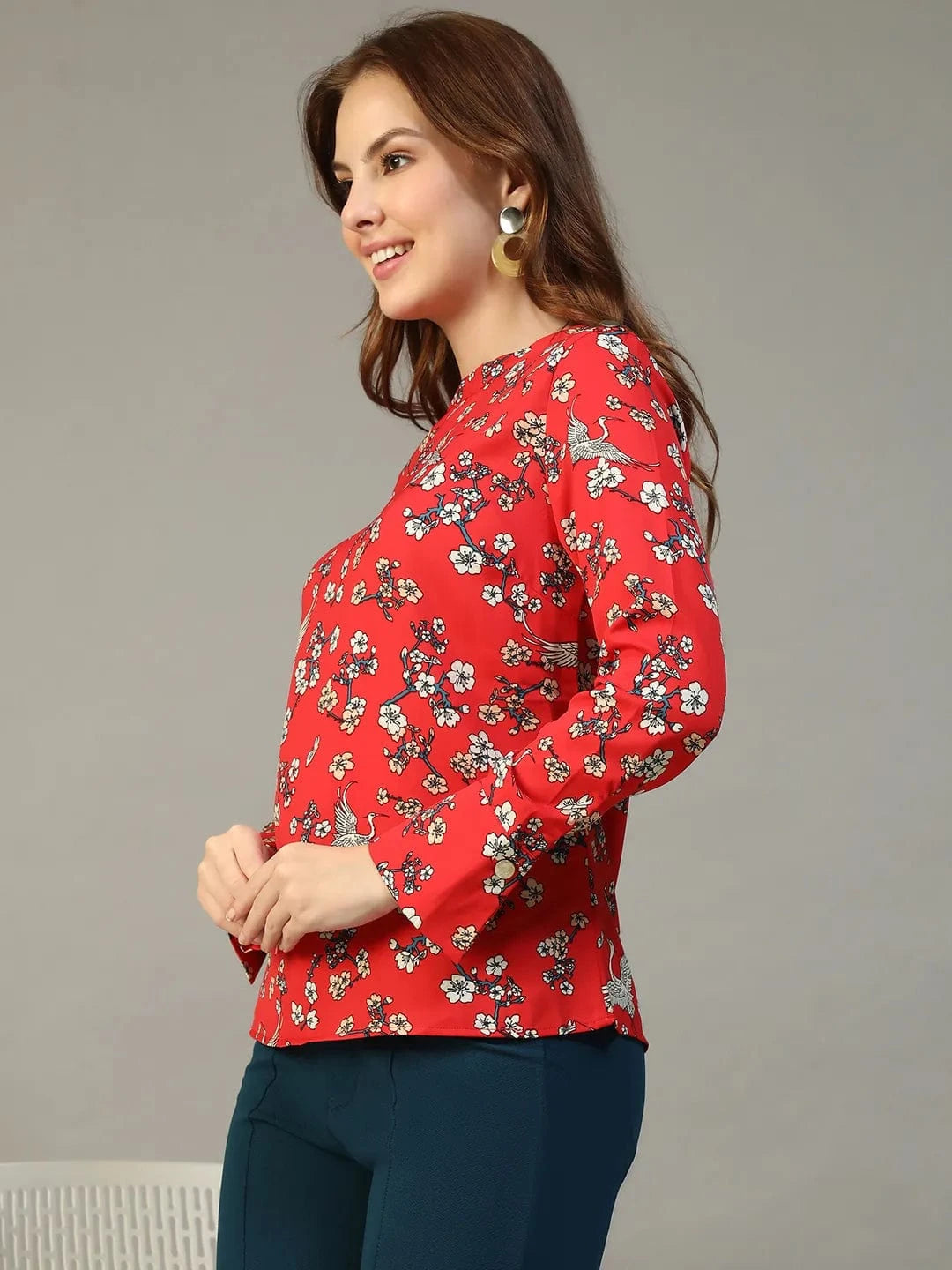 Rose Red Floral Print Round Neck Long Sleeve Women Top