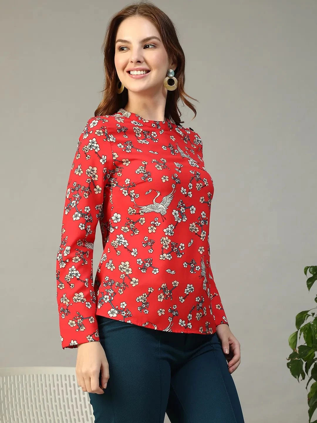 Rose Red Floral Print Round Neck Long Sleeve Women Top