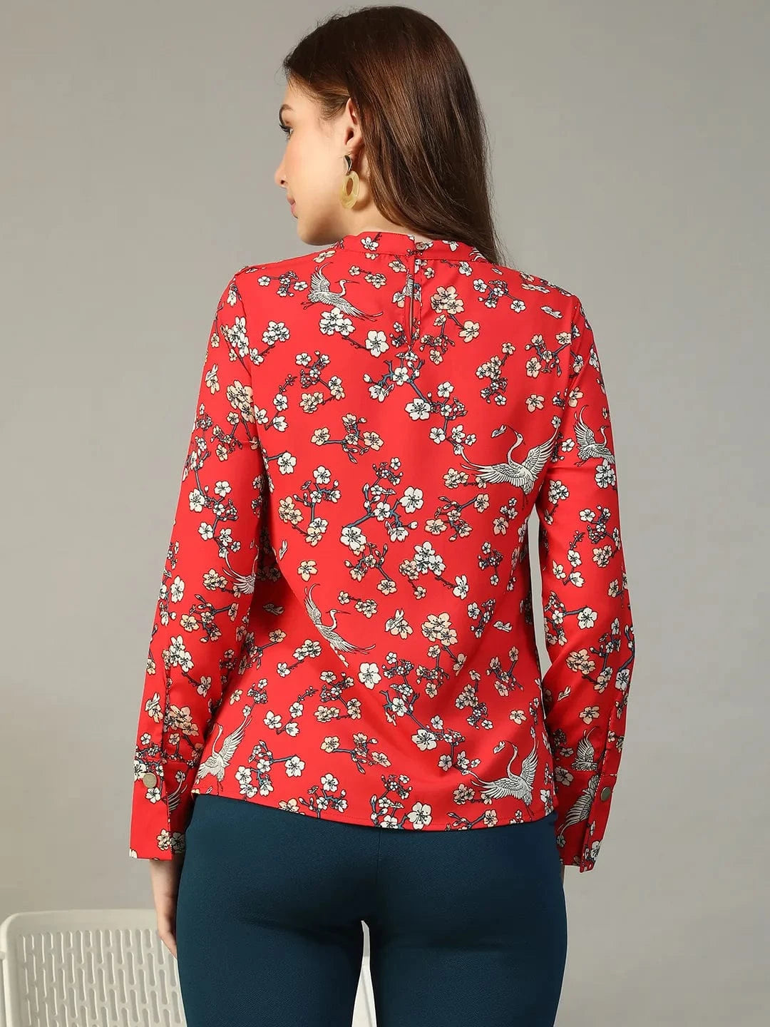 Rose Red Floral Print Round Neck Long Sleeve Women Top