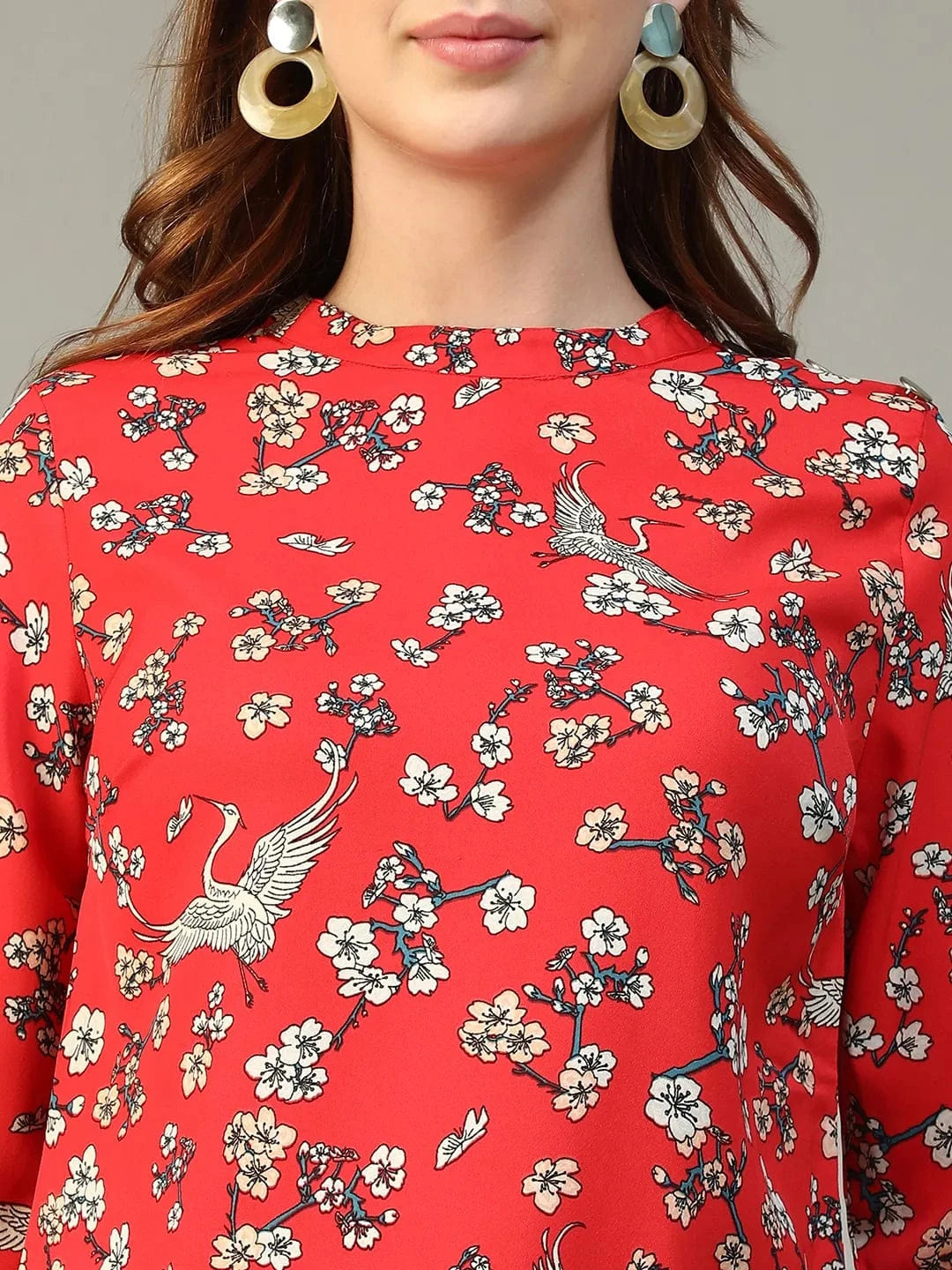 Rose Red Floral Print Round Neck Long Sleeve Women Top