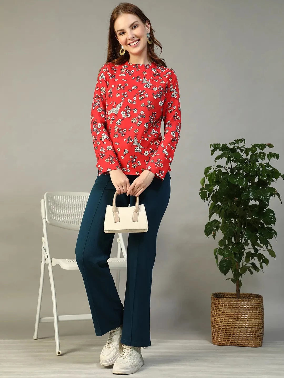 Rose Red Floral Print Round Neck Long Sleeve Women Top