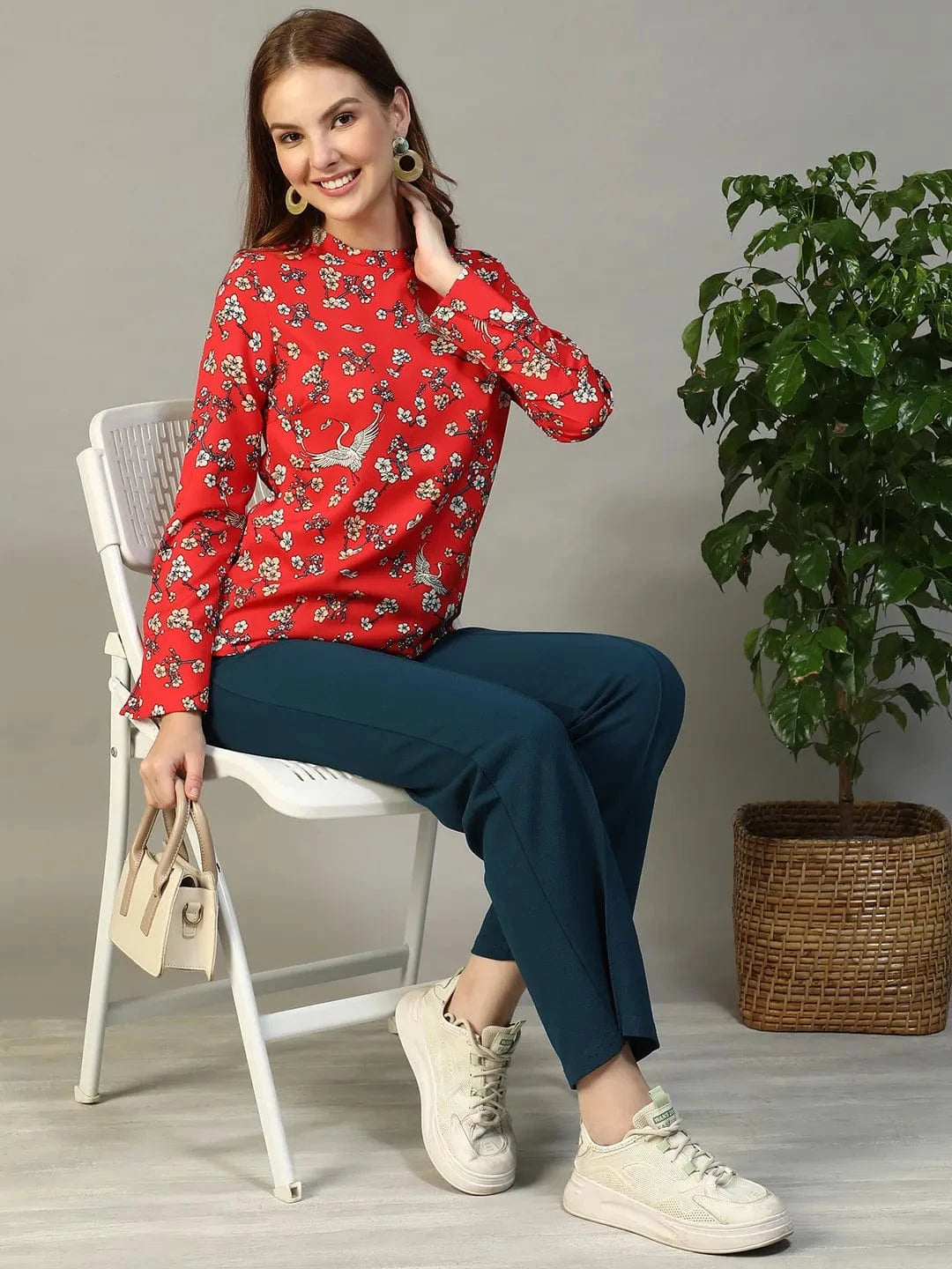 Rose Red Floral Print Round Neck Long Sleeve Women Top