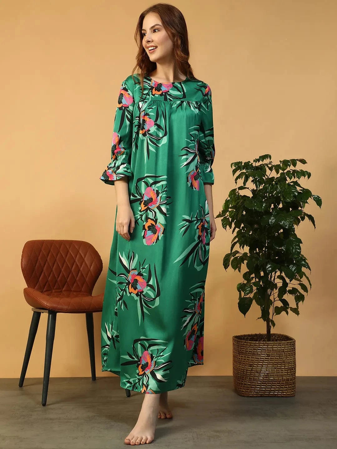 Green Floral Print Women Nightwear Long Dress