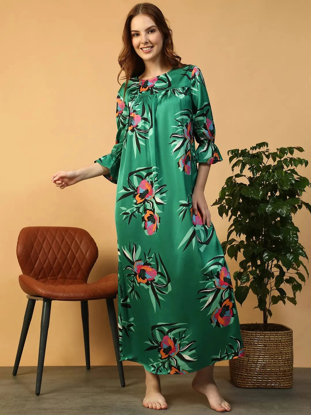 Green Floral Print Women Nightwear Long Dress