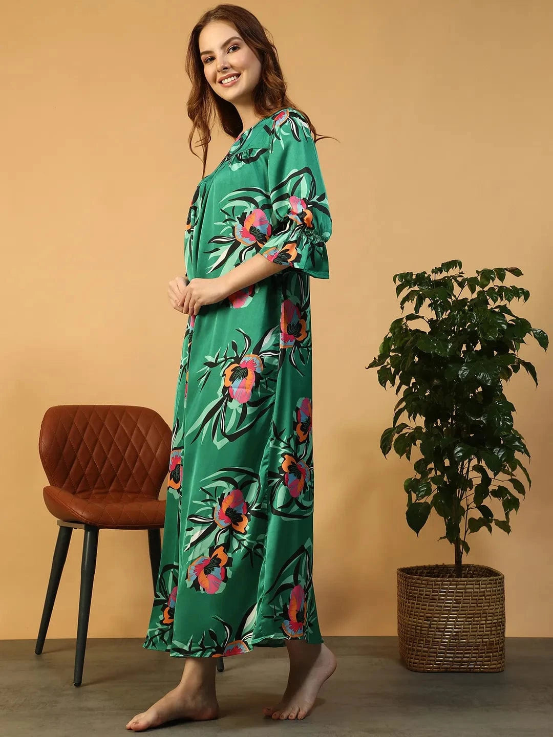 Green Floral Print Women Nightwear Long Dress