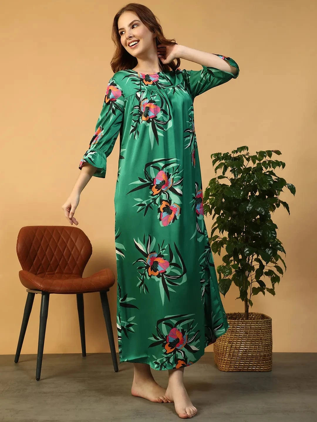 Green Floral Print Women Nightwear Long Dress