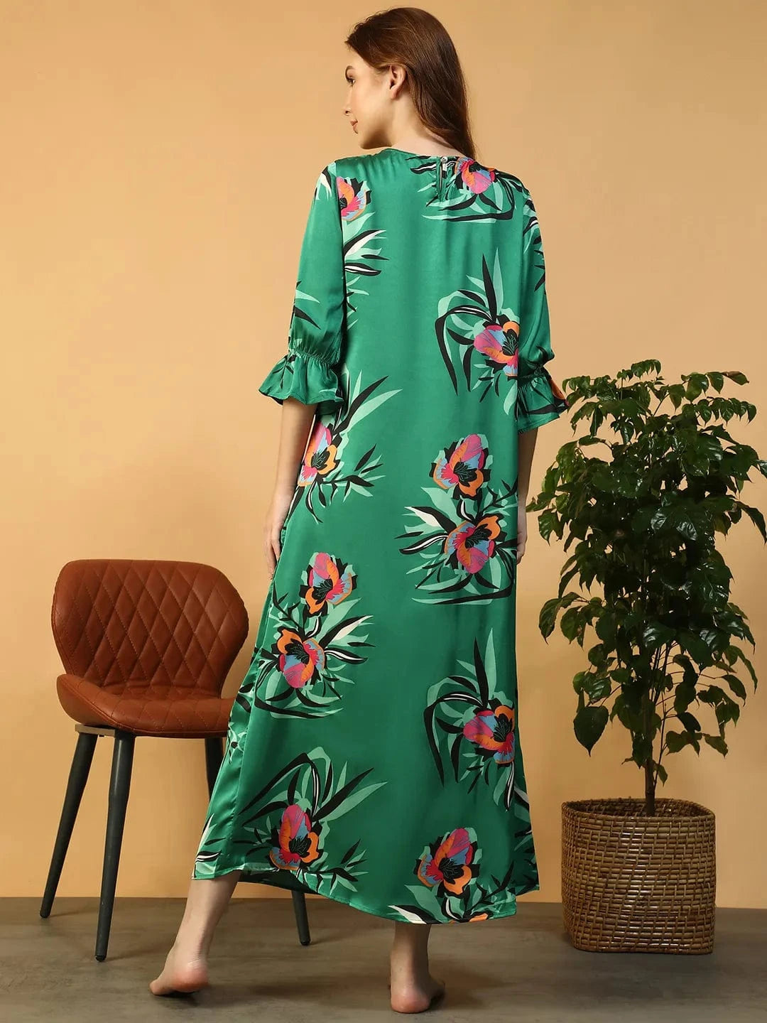 Green Floral Print Women Nightwear Long Dress