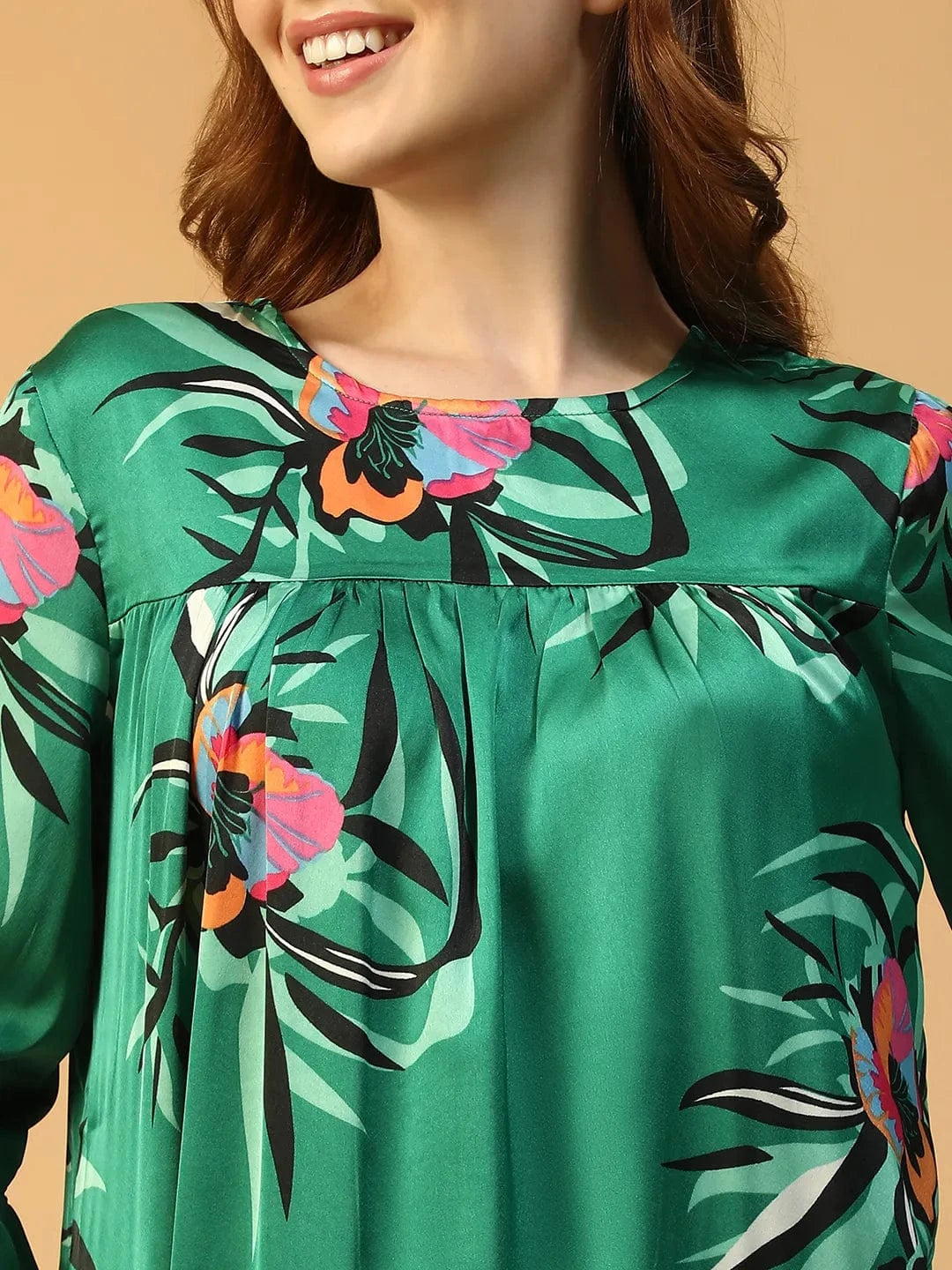 Green Floral Print Women Nightwear Long Dress