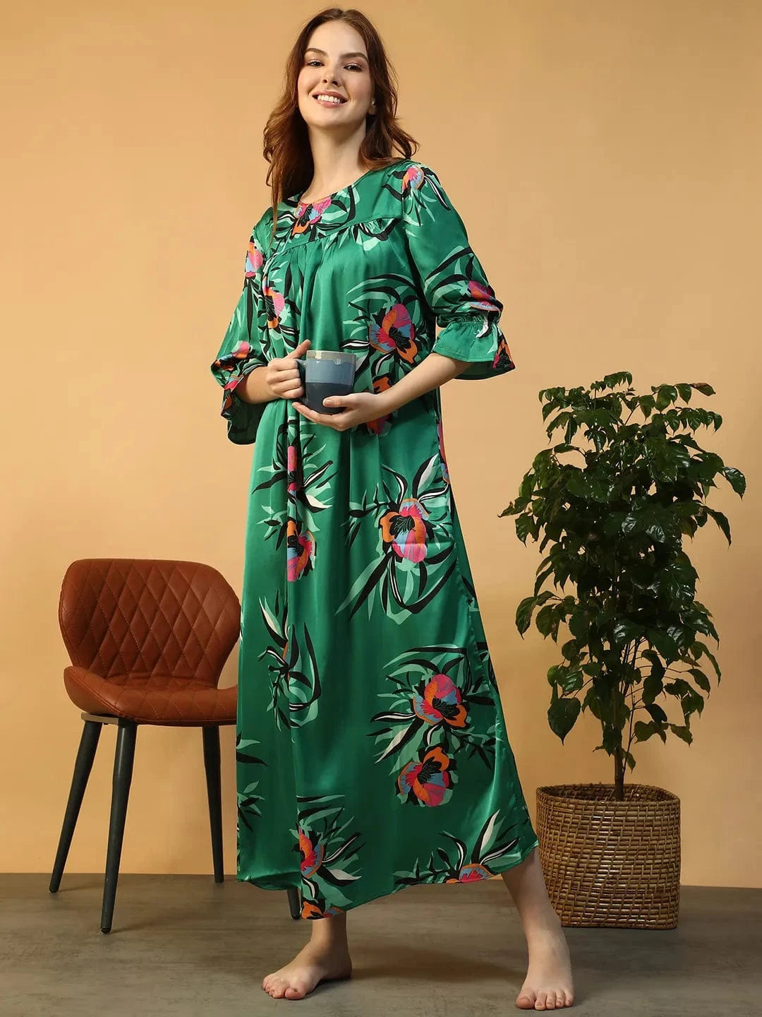 Green Floral Print Women Nightwear Long Dress
