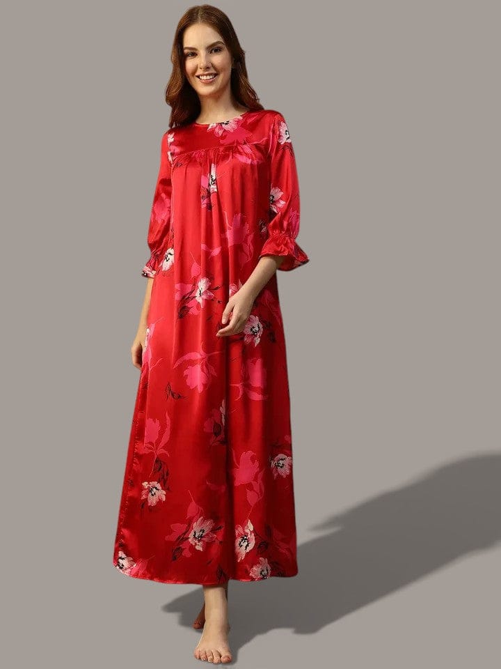 Red Floral Print Nightwear Dress