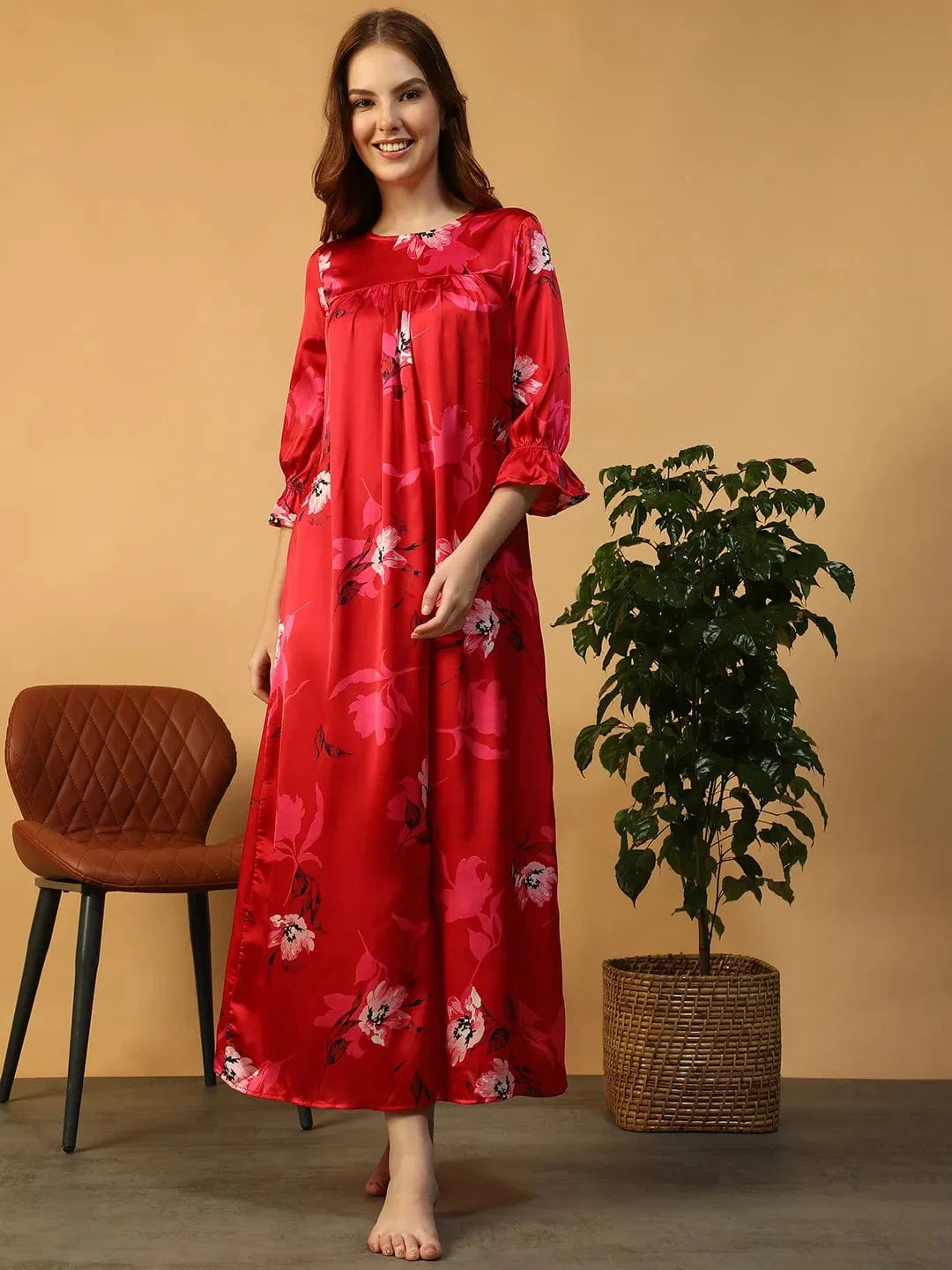 Red Floral Print Women Nightwear Long Dress