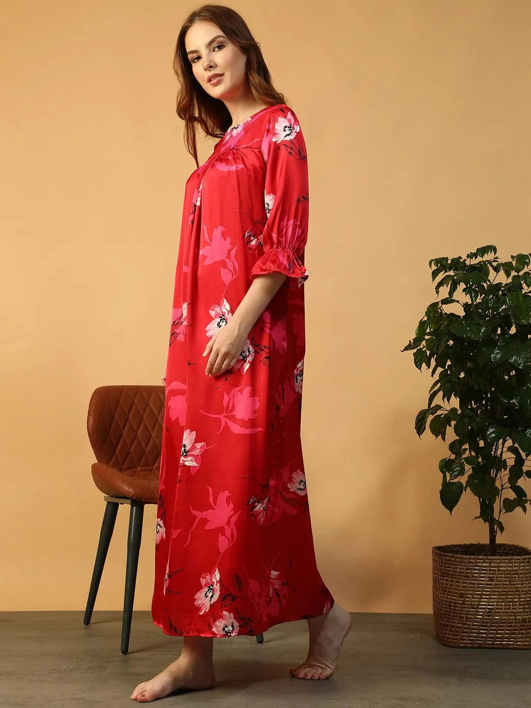 Red Floral Print Women Nightwear Long Dress