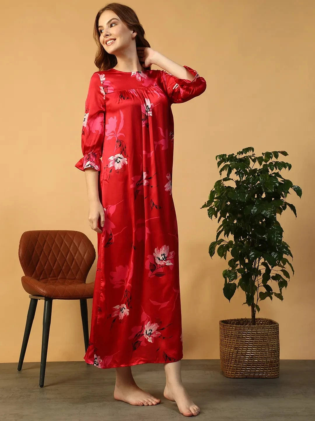 Red Floral Print Women Nightwear Long Dress