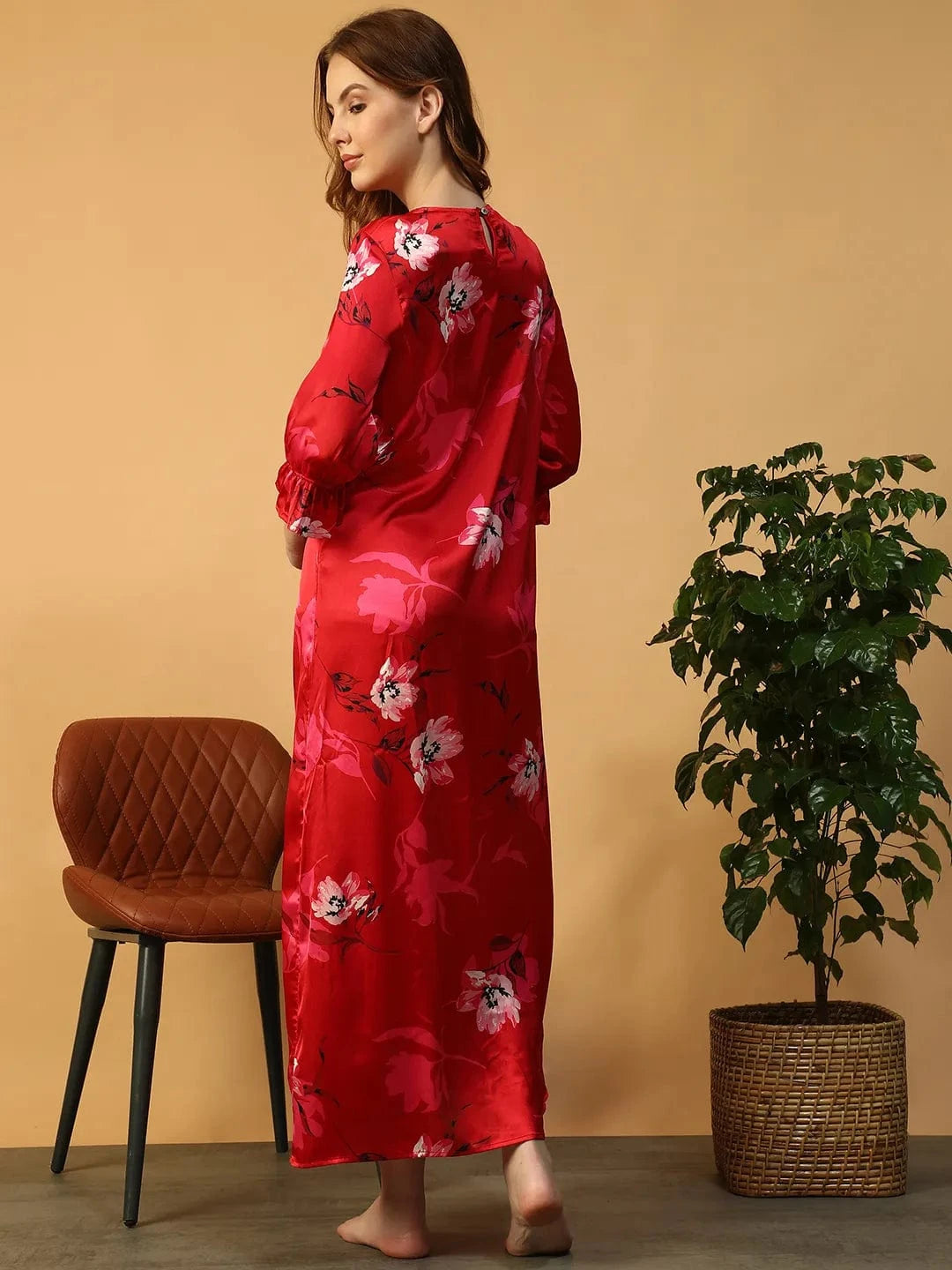 Red Floral Print Women Nightwear Long Dress