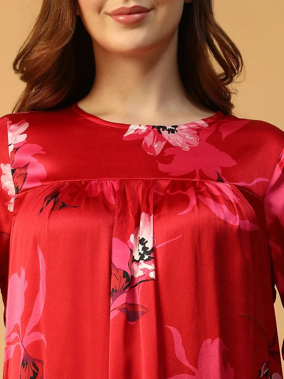Red Floral Print Women Nightwear Long Dress