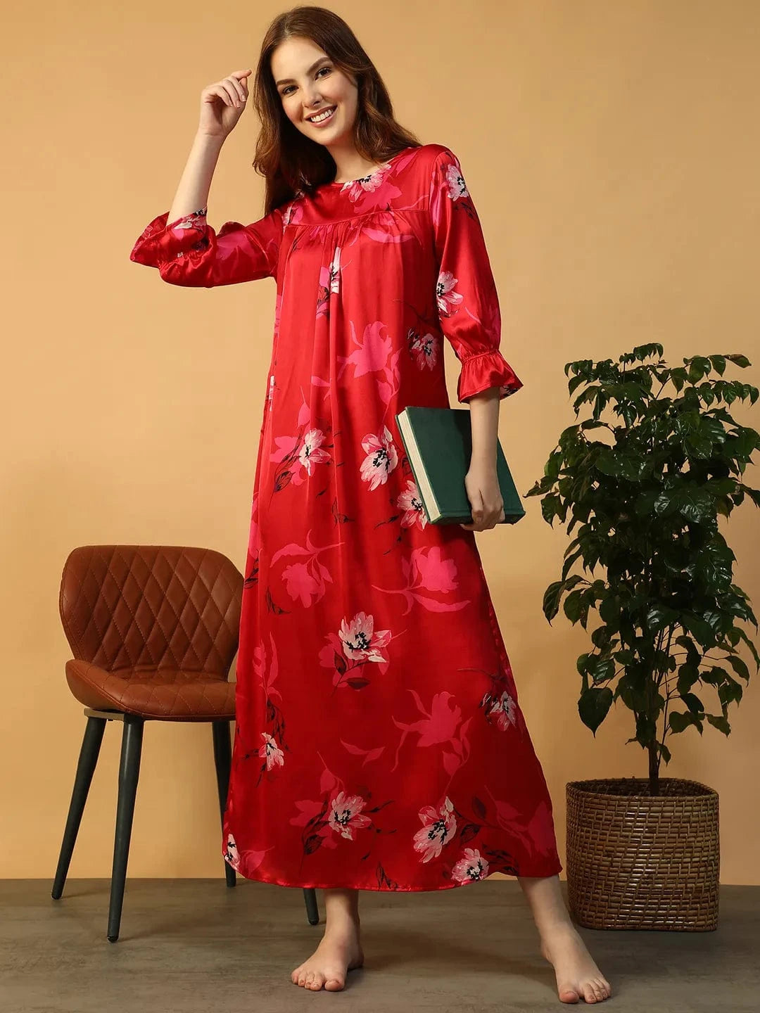 Red Floral Print Women Nightwear Long Dress