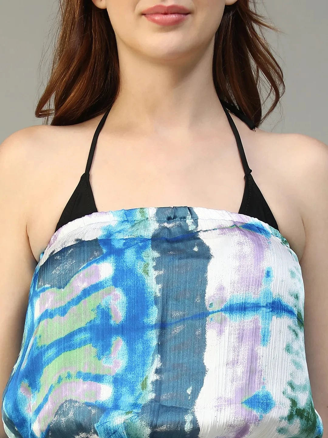 Drappy  Blue Tie-Dye Print Elasticated Ruffle Detail Off-Shoulder Women Beachwear Playsuit