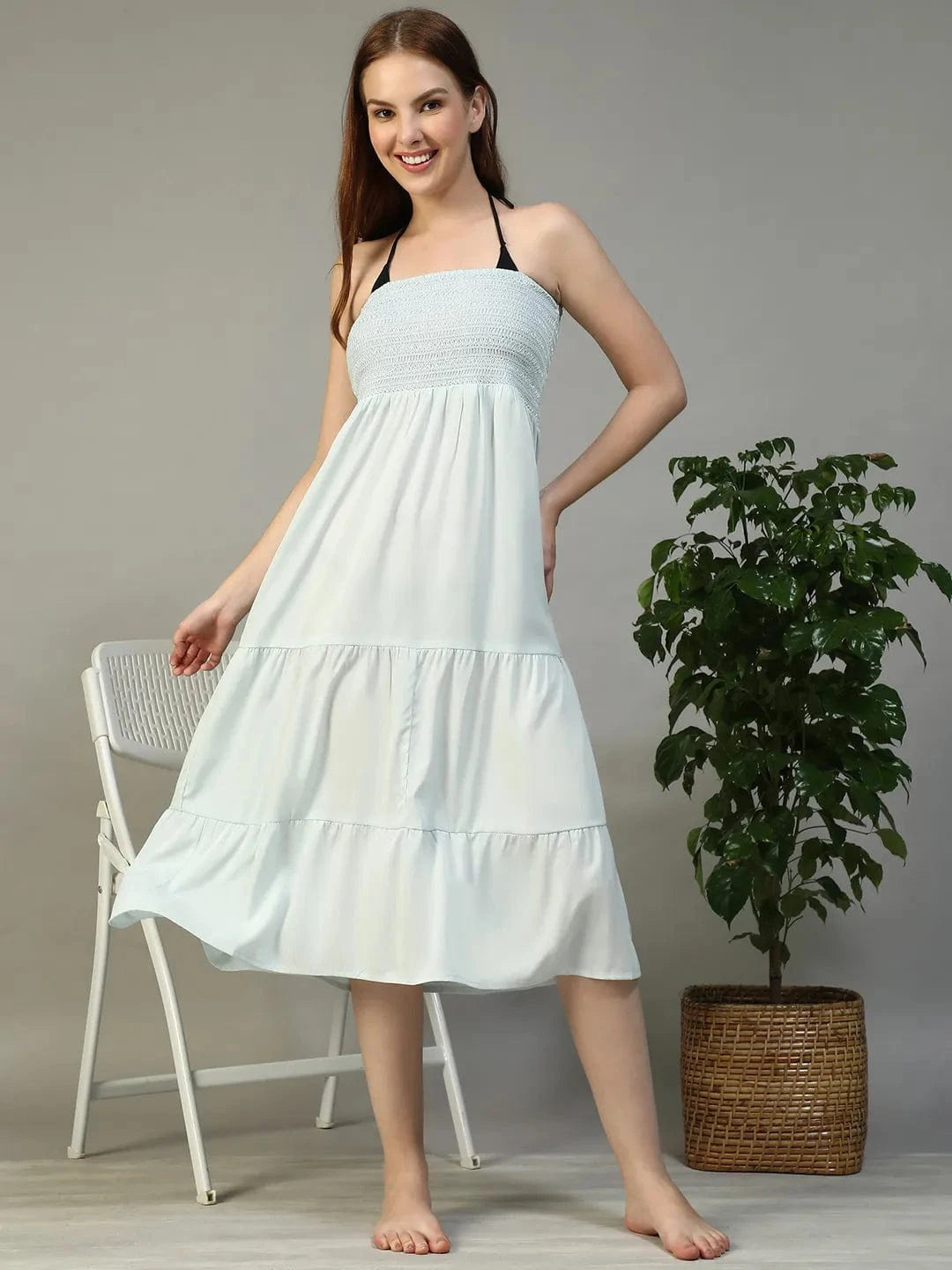 Satchel Solid bLue Smocked Long Women Cotton Beachwear Off-Shoulder Dress