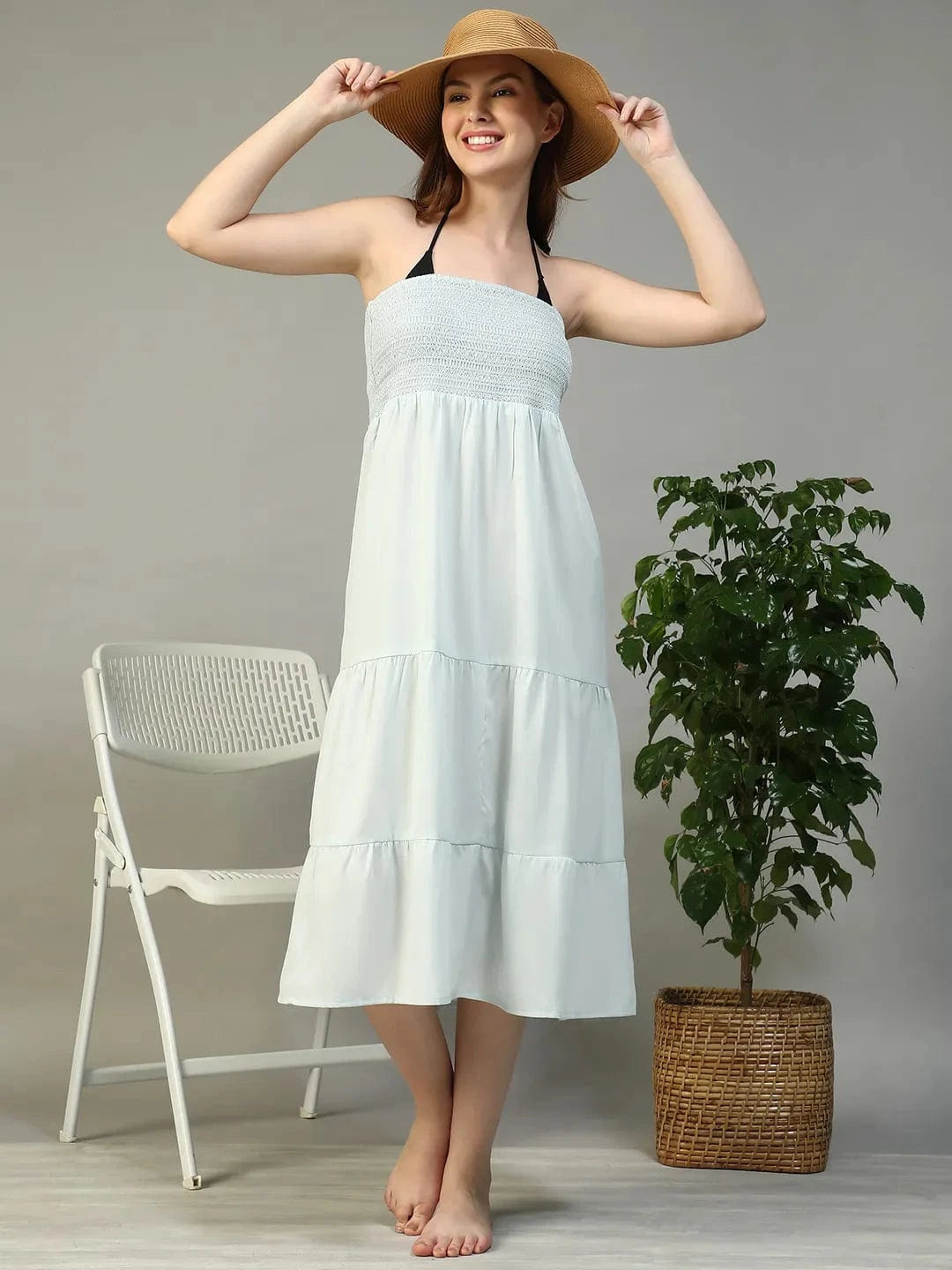 Satchel Solid bLue Smocked Long Women Cotton Beachwear Off-Shoulder Dress
