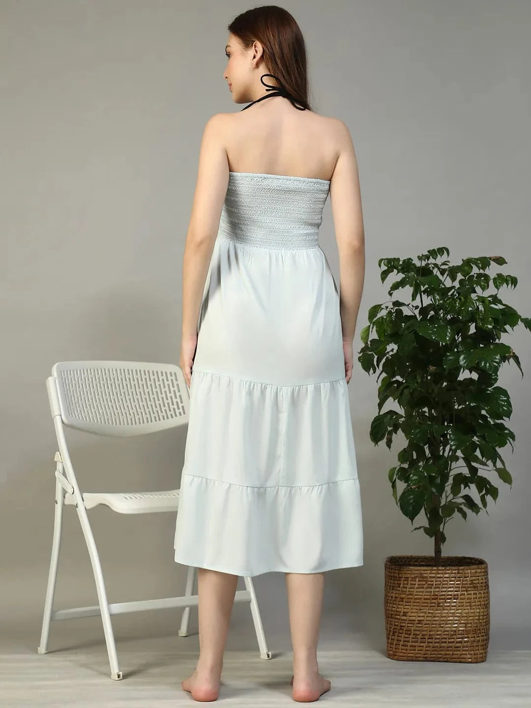 Satchel Solid bLue Smocked Long Women Cotton Beachwear Off-Shoulder Dress